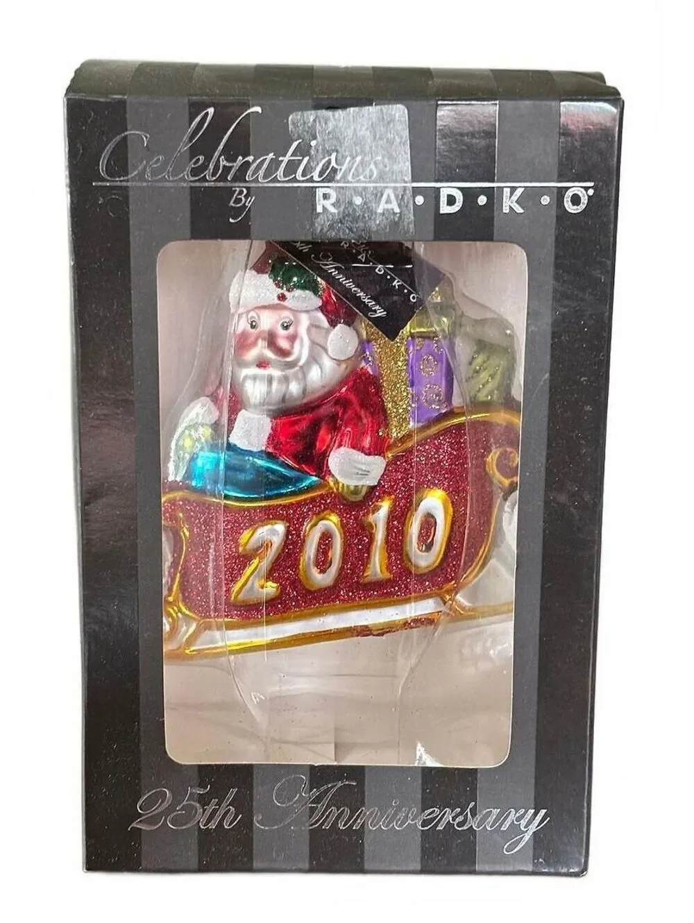 2010 Celebrations by Radko 25th Anniversary Santa Sleigh Glass Ornament Box